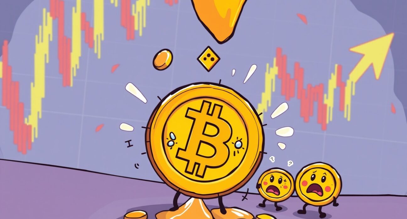 A cartoon illustration showing a Bitcoin coin falling, symbolizing the recent BTC falls below $114,000 and market volatility.