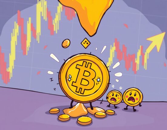 A cartoon illustration showing a Bitcoin coin falling, symbolizing the recent BTC falls below $114,000 and market volatility.