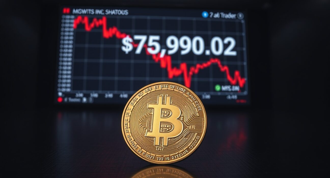 Bitcoin coin on dark surface with red candlestick chart showing BTC falls below $76,000 price drop.