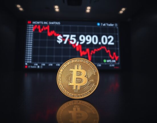 Bitcoin coin on dark surface with red candlestick chart showing BTC falls below $76,000 price drop.