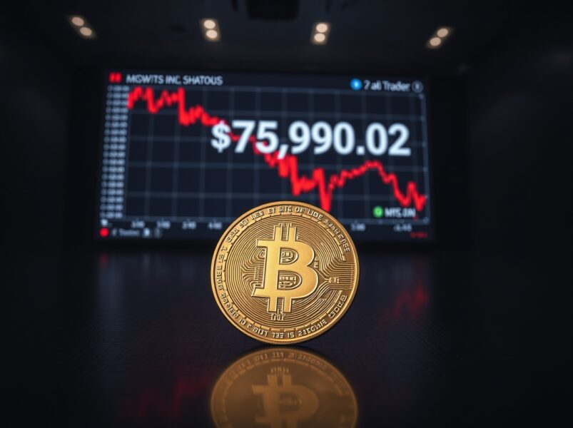 Bitcoin coin on dark surface with red candlestick chart showing BTC falls below $76,000 price drop.