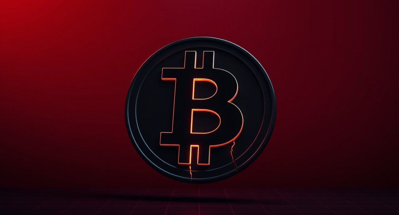 BTC falls below $77,000: A cracked Bitcoin coin symbolizing the price drop against a dark background