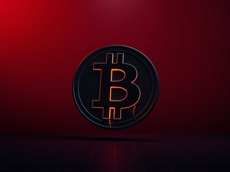 BTC falls below $77,000: A cracked Bitcoin coin symbolizing the price drop against a dark background