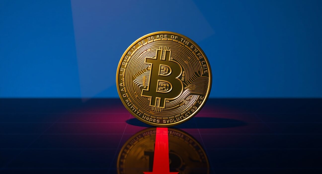 Bitcoin coin with red downward shadow representing BTC falls below $77,000 price crash