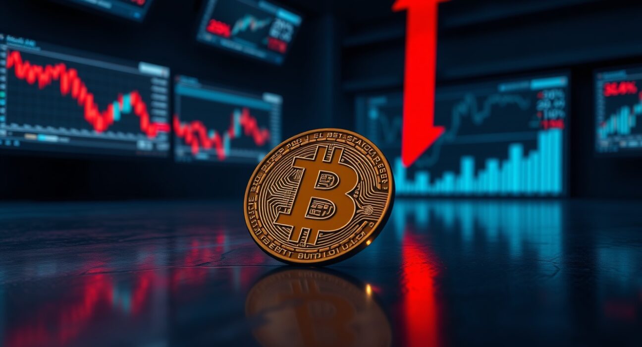 A cracked Bitcoin coin with a red downward arrow symbolizing BTC falls below $78,000 in a dark trading environment.