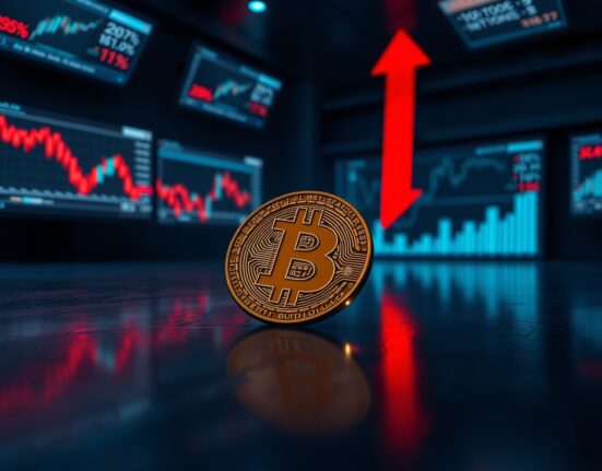 A cracked Bitcoin coin with a red downward arrow symbolizing BTC falls below $78,000 in a dark trading environment.