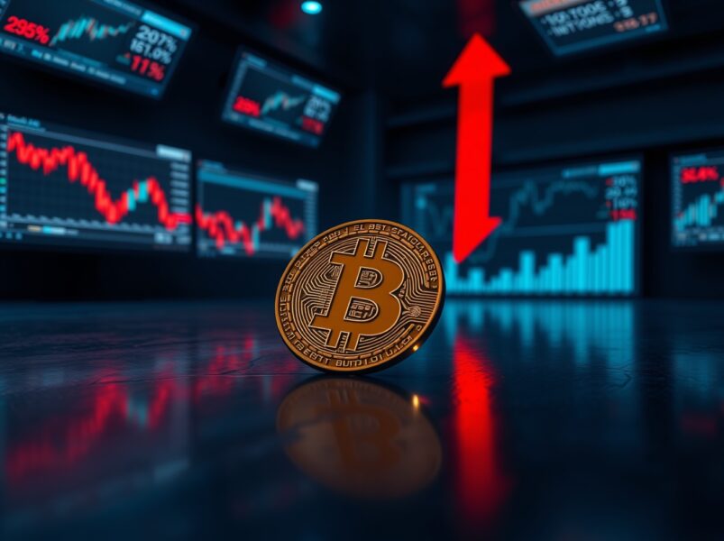 A cracked Bitcoin coin with a red downward arrow symbolizing BTC falls below $78,000 in a dark trading environment.