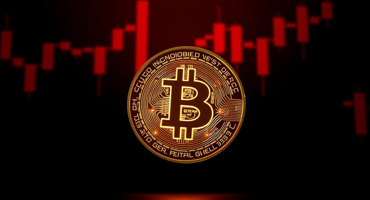 Bitcoin coin with a shadow on a dark red background, representing BTC falls below $79,000