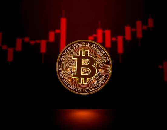 Bitcoin coin with a shadow on a dark red background, representing BTC falls below $79,000