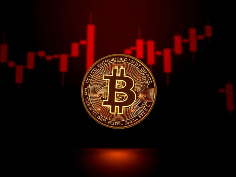 Bitcoin coin with a shadow on a dark red background, representing BTC falls below $79,000