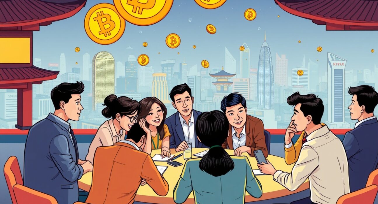 Attendees at the BTCFi Seoulmates event engaging in lively discussions about Bitcoin finance, surrounded by innovative ideas.