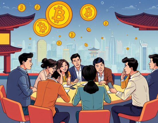 Attendees at the BTCFi Seoulmates event engaging in lively discussions about Bitcoin finance, surrounded by innovative ideas.