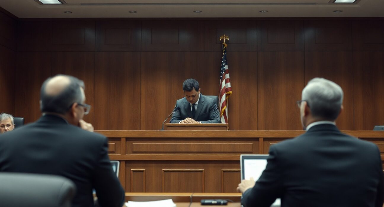 Courtroom scene showing defendant and lawyer at defense table during sentencing hearing for BTC kidnapping case