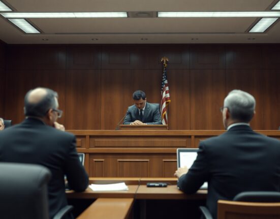 Courtroom scene showing defendant and lawyer at defense table during sentencing hearing for BTC kidnapping case