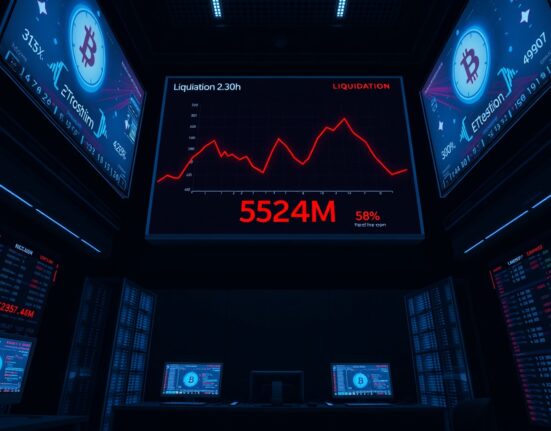 BTC liquidation risk: Over $524 million in long positions face liquidation below $76,080, as shown on trading screens.