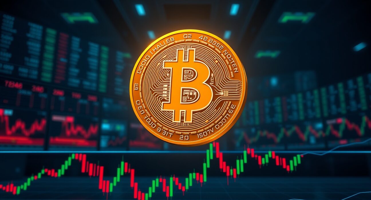 Bitcoin coin hovering above financial chart indicating BTC liquidation risk below $77,547