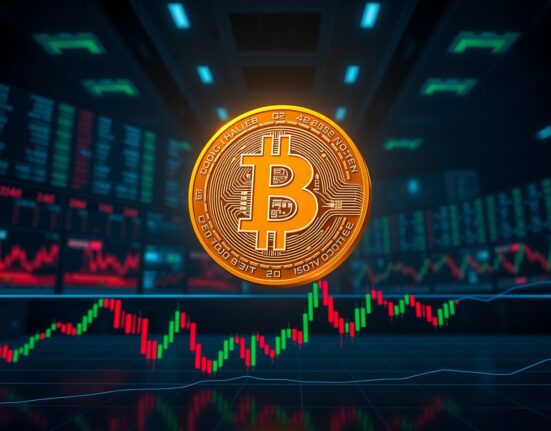 Bitcoin coin hovering above financial chart indicating BTC liquidation risk below $77,547