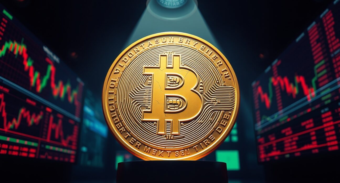 Bitcoin coin on a trading floor representing BTC liquidation risk and market volatility.