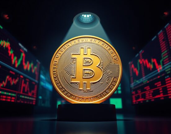 Bitcoin coin on a trading floor representing BTC liquidation risk and market volatility.