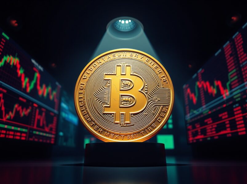 Bitcoin coin on a trading floor representing BTC liquidation risk and market volatility.