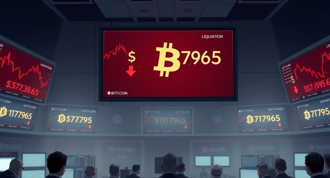 Bitcoin price chart showing liquidation risk levels at $77,965 and $80,835 on a trading floor