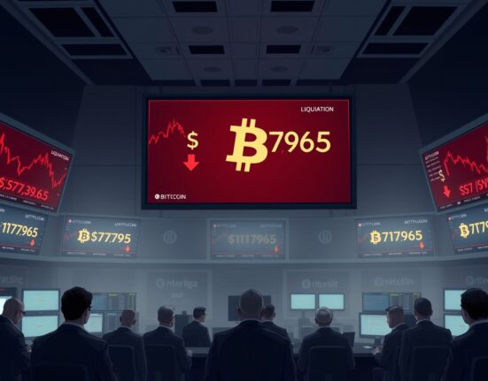 Bitcoin price chart showing liquidation risk levels at $77,965 and $80,835 on a trading floor