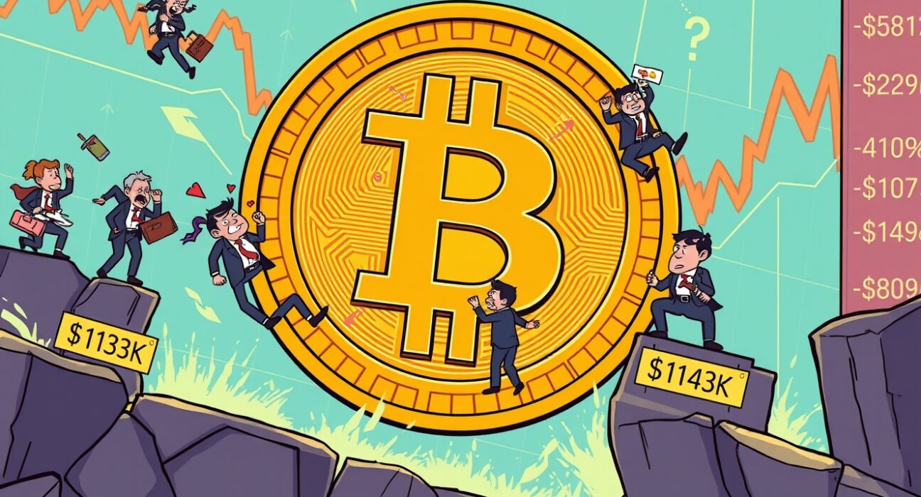 Cartoon illustration showing traders reacting to sudden BTC liquidations, with figures falling from high price points like $113K-$114K, highlighting market volatility.