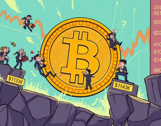 Cartoon illustration showing traders reacting to sudden BTC liquidations, with figures falling from high price points like $113K-$114K, highlighting market volatility.
