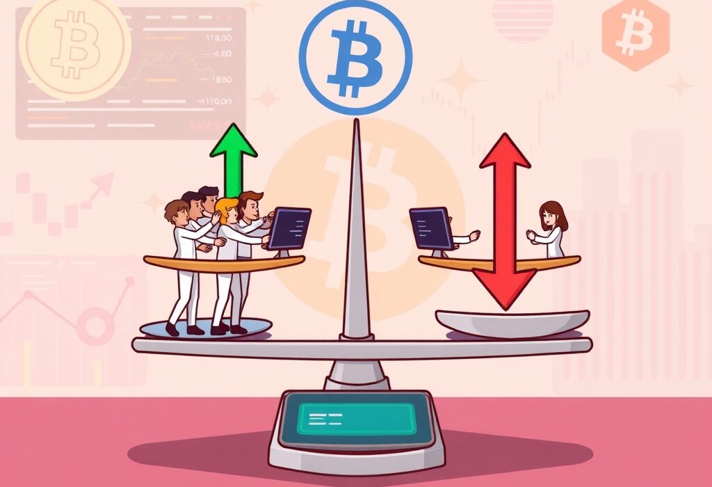 A cartoon illustration showing the balance of long and short positions, visually representing the BTC long/short ratio in the futures market.
