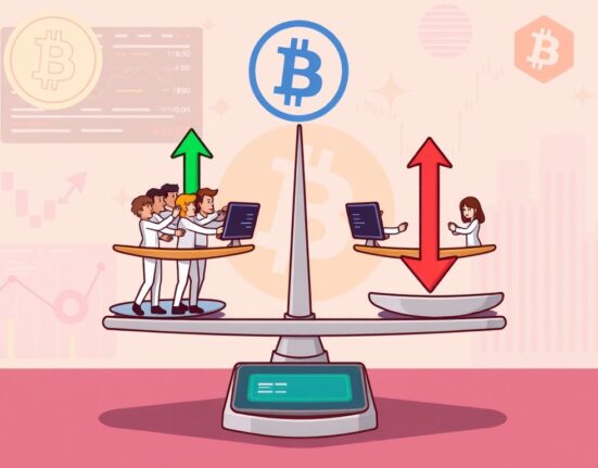 A cartoon illustration showing the balance of long and short positions, visually representing the BTC long/short ratio in the futures market.
