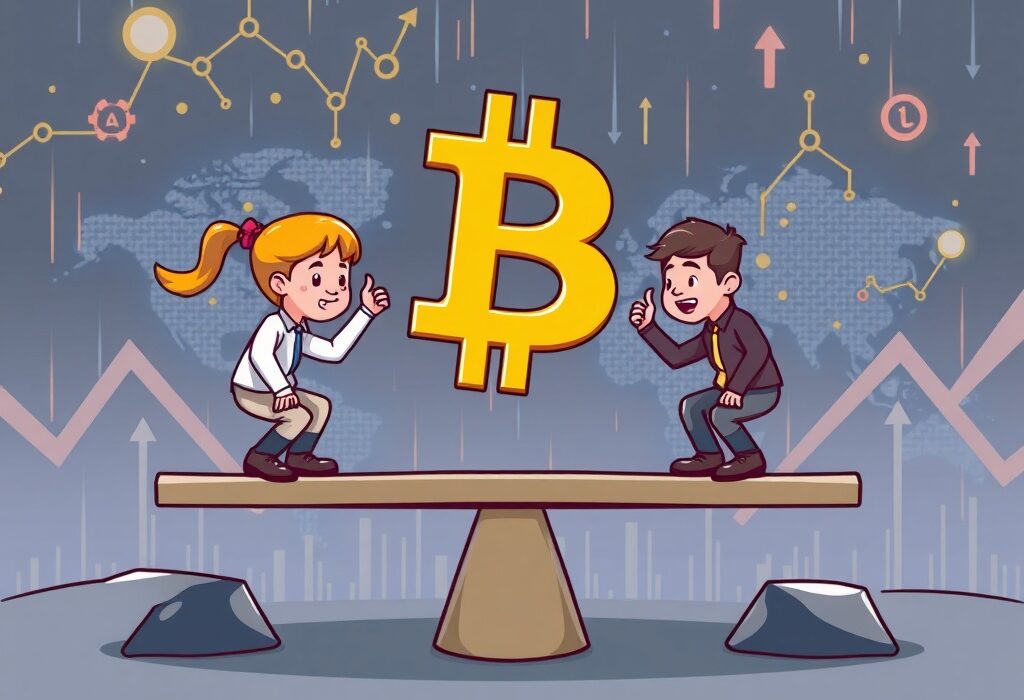 A seesaw illustrates the balance of BTC long-short ratio in Bitcoin perpetual futures, representing bullish and bearish market sentiment.