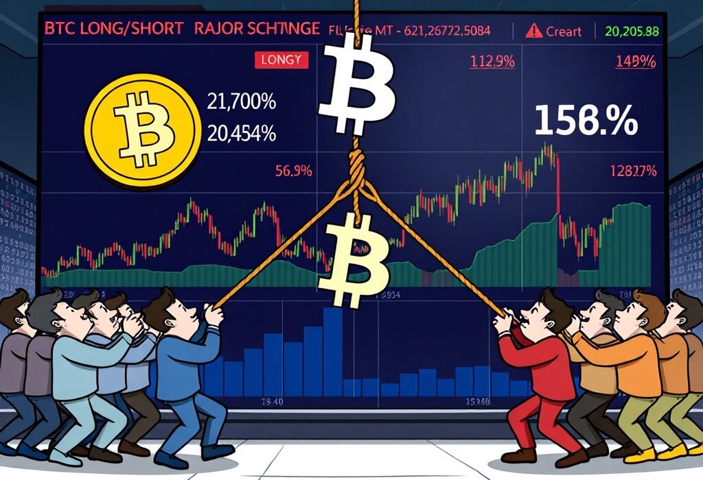 Cartoon illustration depicting the tug-of-war between long and short positions, symbolizing the BTC Long/Short Ratio and market sentiment.