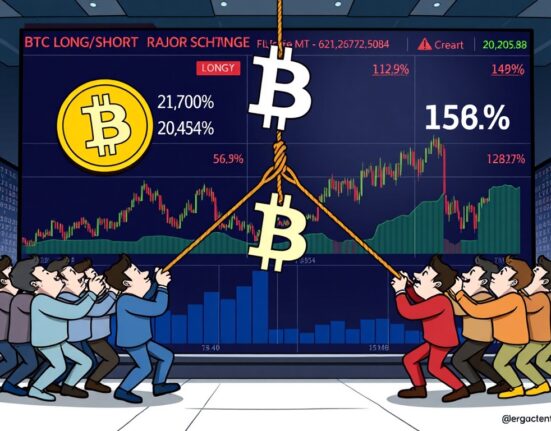 Cartoon illustration depicting the tug-of-war between long and short positions, symbolizing the BTC Long/Short Ratio and market sentiment.