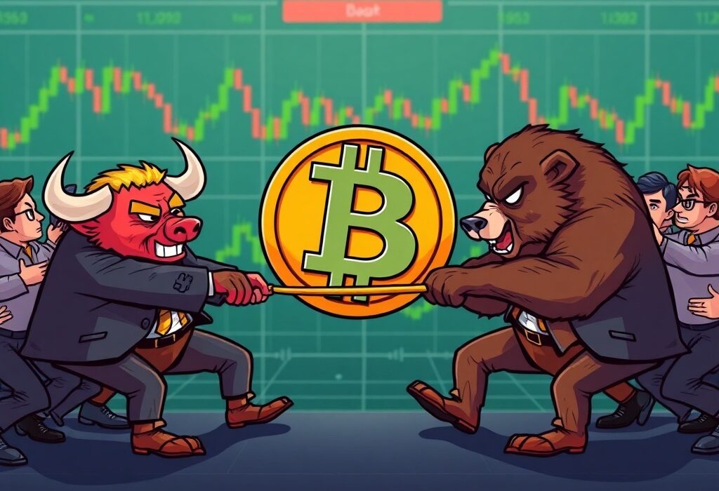 A cartoon illustration of bulls and bears in a tug-of-war over Bitcoin, symbolizing BTC long/short ratios and market sentiment.