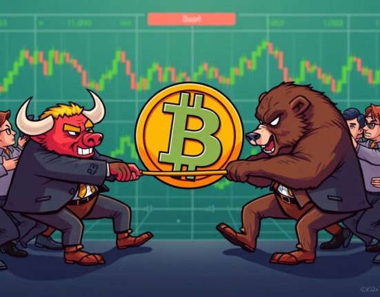 A cartoon illustration of bulls and bears in a tug-of-war over Bitcoin, symbolizing BTC long/short ratios and market sentiment.