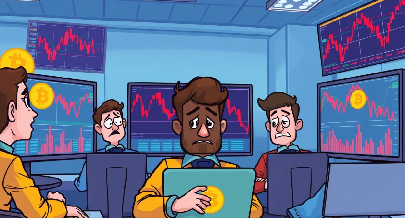 Worried traders analyzing BTC options market charts showing downward trends