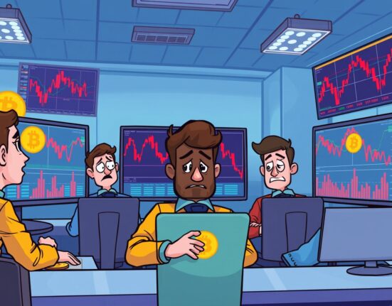 Worried traders analyzing BTC options market charts showing downward trends