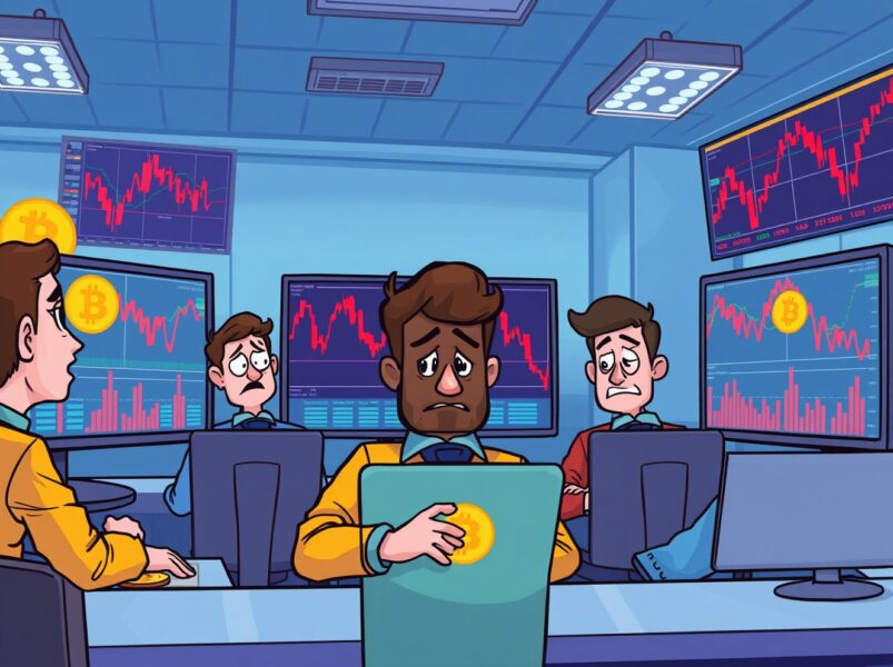 Worried traders analyzing BTC options market charts showing downward trends