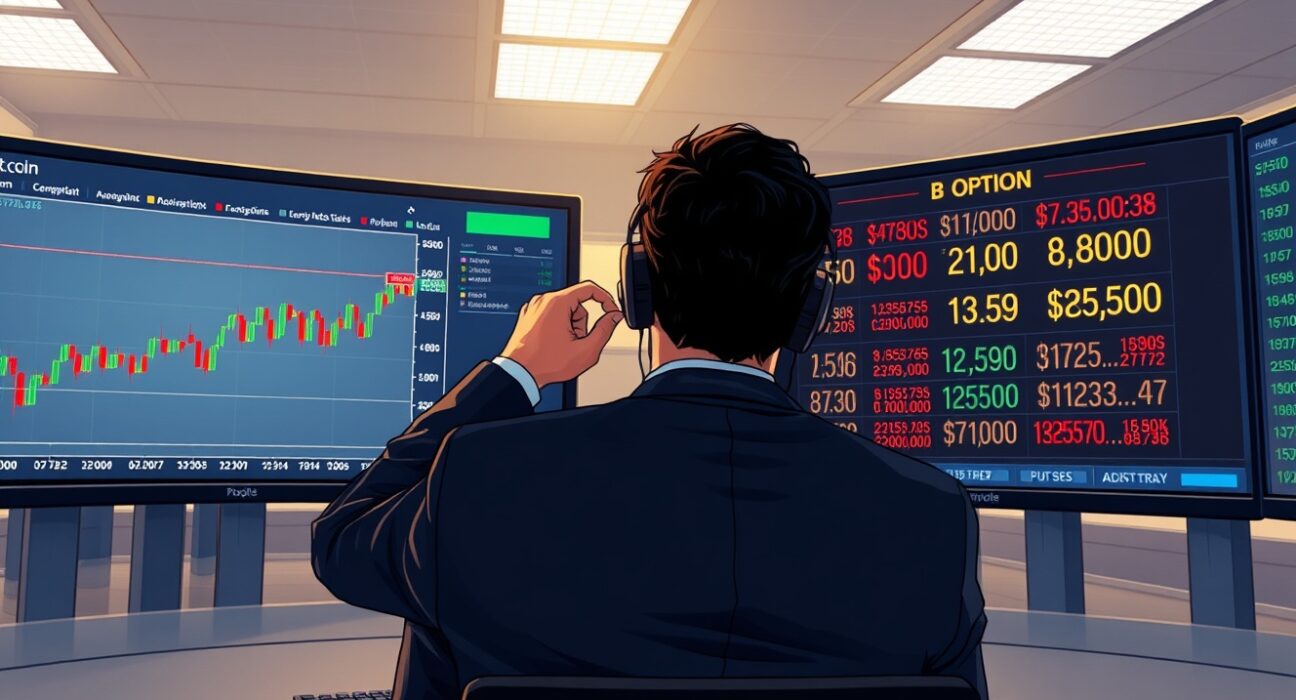 BTC options traders monitor screens showing Bitcoin price near $75,000 with put options hedging activity, reflecting doubt about the $80K rally.