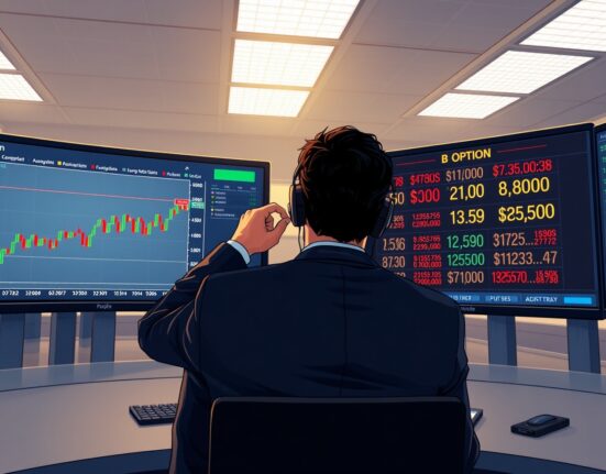 BTC options traders monitor screens showing Bitcoin price near $75,000 with put options hedging activity, reflecting doubt about the $80K rally.