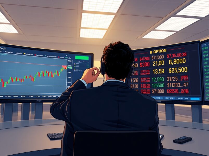 BTC options traders monitor screens showing Bitcoin price near $75,000 with put options hedging activity, reflecting doubt about the $80K rally.