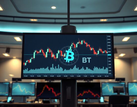 Bitcoin price chart on trading screens with long/short ratio indicators