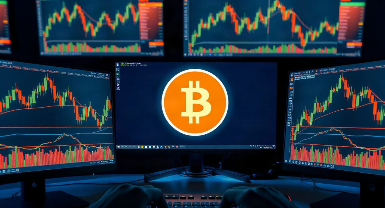 Trading screens showing Bitcoin price charts and derivatives data on a professional desk