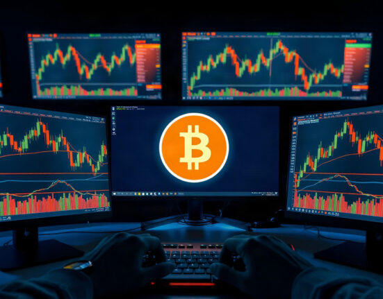 Trading screens showing Bitcoin price charts and derivatives data on a professional desk