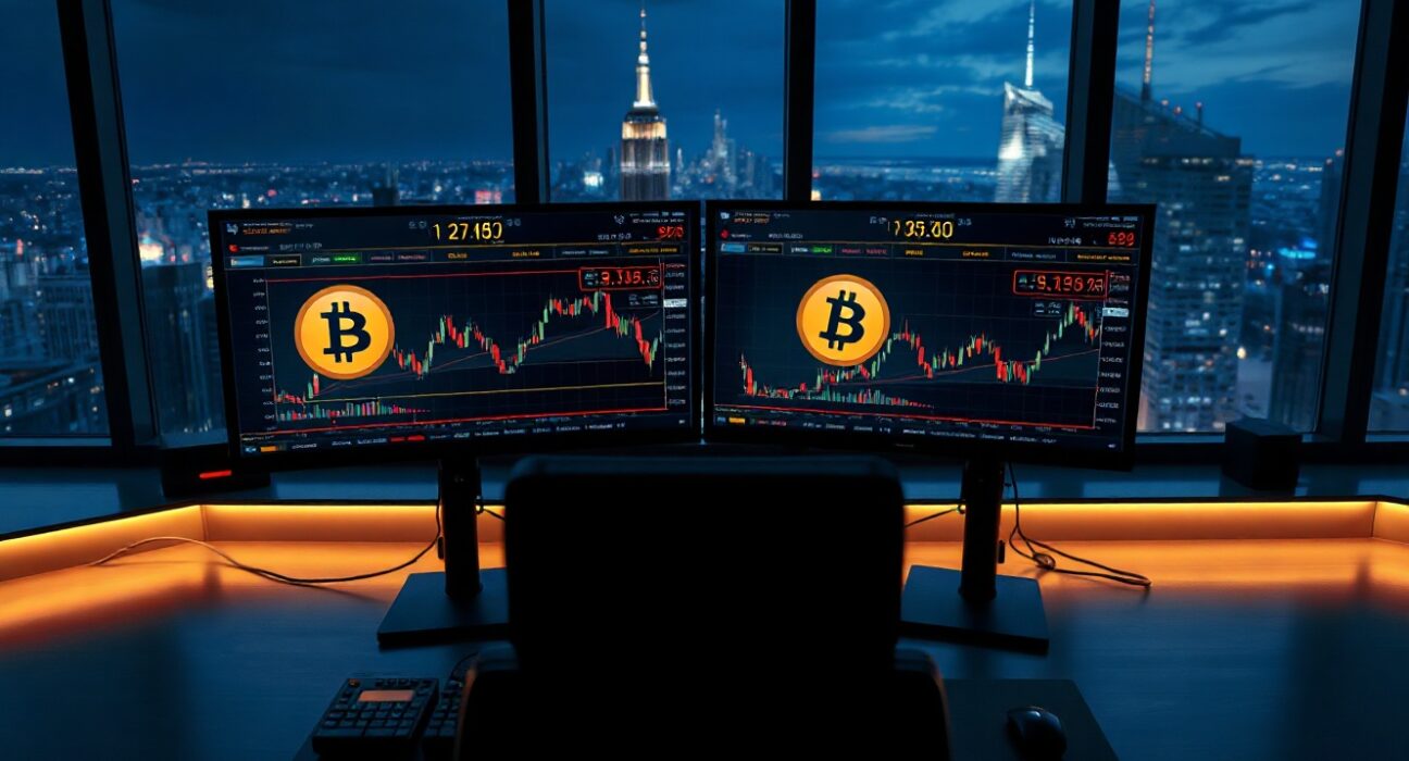 Bitcoin perpetual futures trading interface on multiple monitors showing long/short ratios on a professional trading desk.