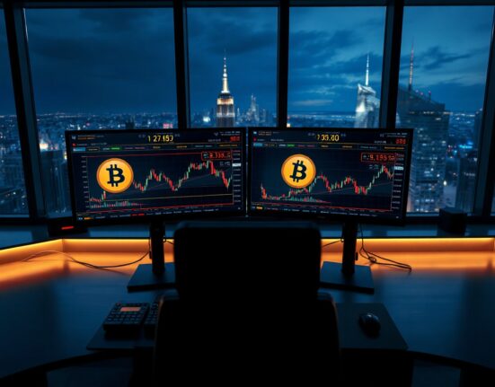 Bitcoin perpetual futures trading interface on multiple monitors showing long/short ratios on a professional trading desk.