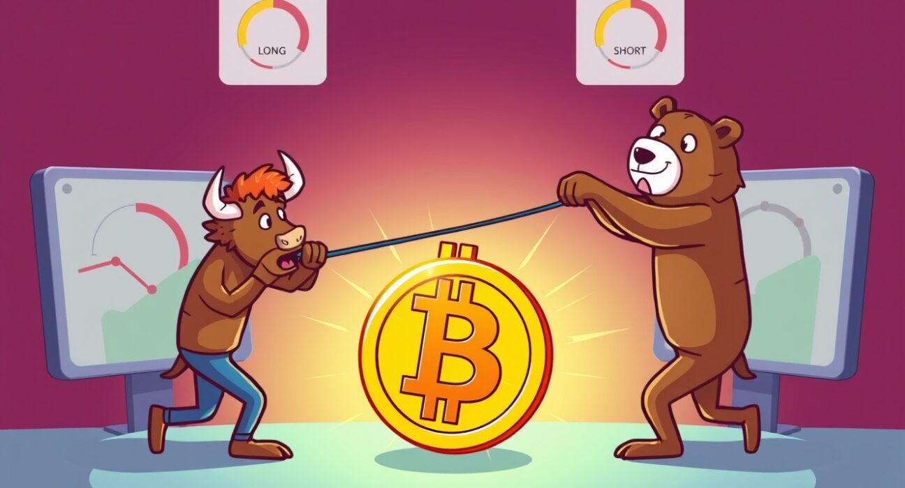 Cartoon illustration showing the dynamic tug-of-war between long and short positions in BTC perpetual futures trading.