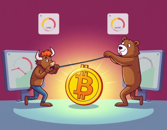 Cartoon illustration showing the dynamic tug-of-war between long and short positions in BTC perpetual futures trading.