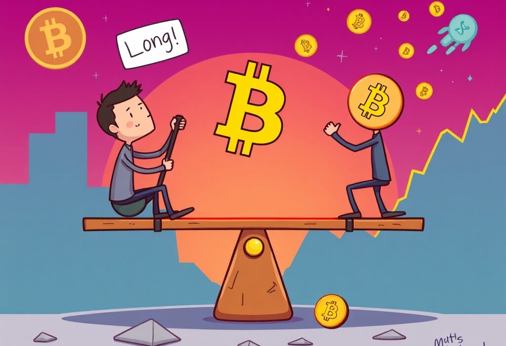 A cartoon analyst studies BTC perpetual futures data, with a bull and bear representing market long/short sentiment.