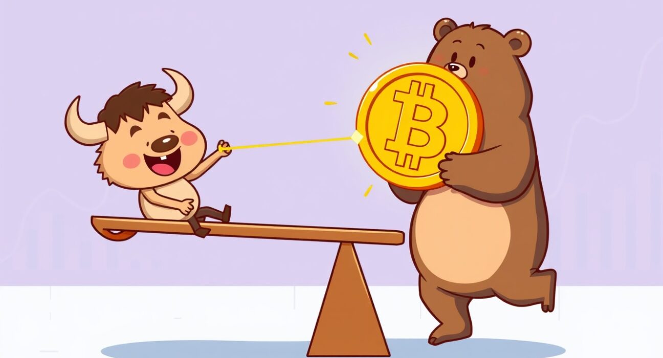 A cartoon bull slightly outweighing a bear on a Bitcoin seesaw, illustrating the long bias in BTC perpetual futures.